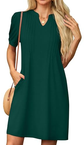 GRECERELLE Robes Femmes Robes d'Été Décontractées Manches Courtes Col en V Robe Droite pour Femmes Dames Robe T-Shirt avec Poches, vert foncé, XL