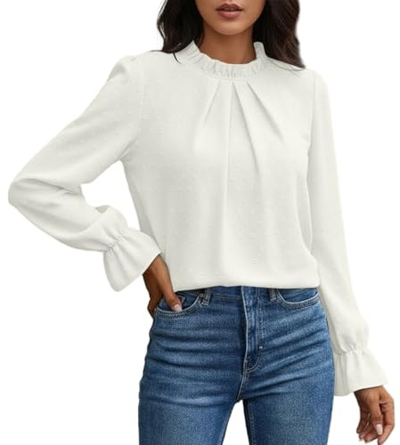 Generisch Camiseta de manga larga para mujer con cuello fruncido - Elegante blusa con mangas acampanadas | Blusa ligera de tela estructurada, S
