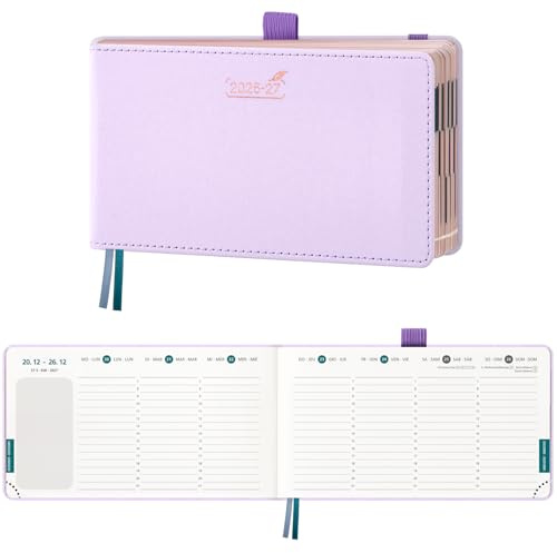 BEZEND Agenda 2026 2027 Settimanale Tascabile, 18 Mesi da Lug.26 a Dic.27, Diario Scuola Piccola 9,4 x 16,7 cm, Formato Orizzontale, Bordo in Oro Rosa, Copertina Rigida in Pelle PU, Lila