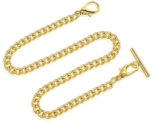 Tweruna Gold Pocket Watch Chain with T-Bar, 14 Inch Pocket Watch Chains for Men, Antique Vest Chain for Men