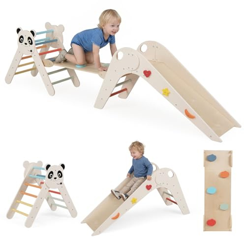FANTASK Juego de 3 triángulos de escalada para interiores, estructura plegable de madera con tobogán, rampa y escalera de escalada, incluye juego de bloques de construcción, triángulo de peldaños para