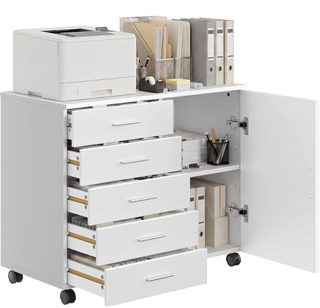 VASAGLE Archivador Móvil con 5 Cajones, 2 Estantes con Puerta, Cajonera, Soporte para Impresora, con Guías Deslizantes sin Tornillos, para Oficina, Casa, Blanco Nube OFC092WB02