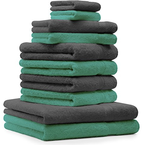 Betz 10-TLG. Handtuch-Set Classic 100% Baumwolle 2 Duschtücher 4 Handtücher 2 Gästetücher 2 Seiftücher Farbe smaragdgrün und anthrazitgrau