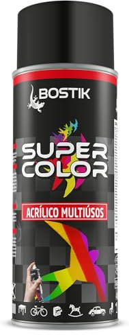 Bostik SUPER COLOR NEGRO BRILLANTE RAL 9005, Pintura en Spray Acrílica para Uso Profesional y Doméstico, Multiusos, Secado Rápido, Acabado Brillante, Interior y Exterior, Bote 400 ml