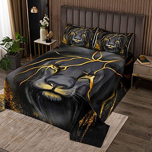 Löwe Bettüberwurf Wildtier Muster Steppdecke für Jungen Teenager Sparkle Stars Safari Tagesdecke 220x240cm Gold Schwarz Drucken Wohndecke Bettüberwurf 3St