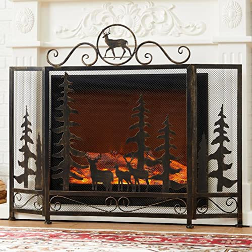 DOZRAN Funkenschutzgitter Antik-Bronze-Kamin-Funkenschutz, Elch- und Baum-Design, 3-teiliger Faltbarer Flammenschutz für Lagerfeuer/Holzfeuerung, Breite 111cm