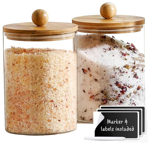 Le'raze 1 Gallon Glass Canister Set for Kitchen Counter with Airtight Bamboo Lids + Marker & Labels - of 2 Large Cookie Jars Wooden Lid, Food Storage Containers Pantry, Flour, Sugar, Pasta, Candy,