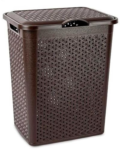 Tradineur - Cesto para Ropa Sucia con Tapa y Asas, pongotodo de plástico, Cubo para Colada, imitación de Mimbre, Fabricado en España (Wengué - 38 litros - 49 x 38,5 x 29,5 cm)