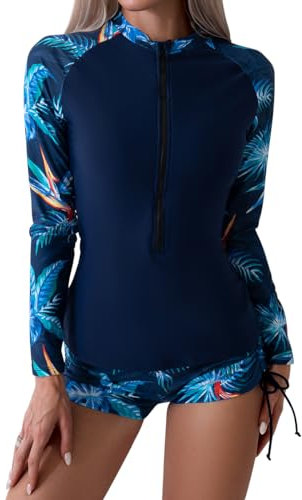FYMNSI Rash Guard Damen 2 Teilig Bauchweg Badeanzug Langarm UV Shirt Rashguard UPF 50+ Schwimmshirt Rei�verschluss Schnell Trocknender Badeshirt mit Boyshort Surfanzug Bademode Blau Blatt L