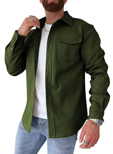 Oanviso Chemise Veste Hommes Vintage Mode Blouse avec Boutons et Poches Manches Longues Outwear Chemise épaisse Tops Légère Blouson Chemise de Transition Slim Fit Chemise Décontractée A Vert XL