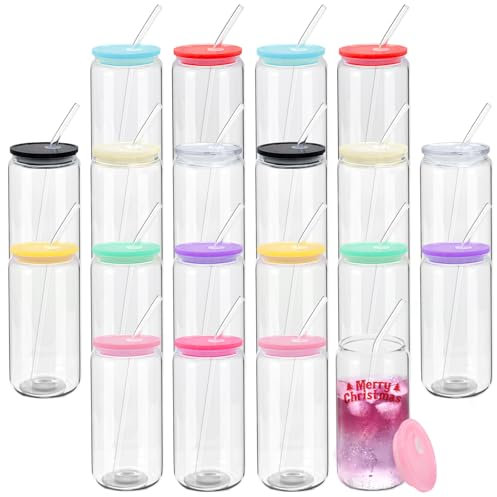 20 Pack Drinking Glass Cups with Acrylic Lids and Glass Straws 16oz Clear Glass Tumblers Can Shaped Iced Coffee Cups Drinking Glasses, Cute Glass Cups for Tea Beer Soda Smoothie Whiskey Gift