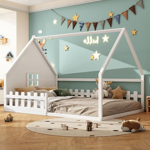Huayz Letto per bambini a forma di casa 140x200cm, letto Montessori da pavimento con protezione anti-caduta e rete a doghe, letto in legno per bambini e bambine
