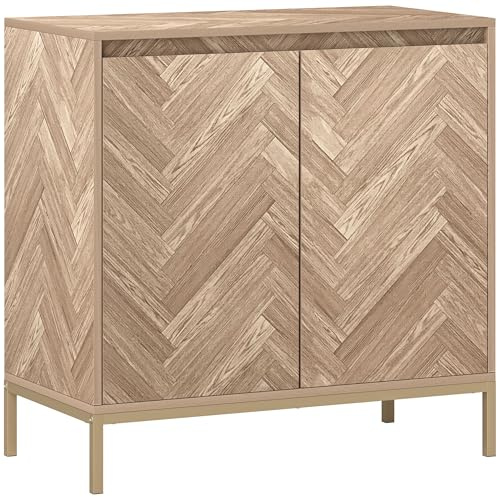 HOMCOM Meuble de Rangement Buffet Style scandinave avec 2 Portes à Chevrons, étagère réglable et Pieds en Acier, Armoire de Rangement pour Salon, Salle à Manger, dim. 78 x 40 x 78 cm, chêne