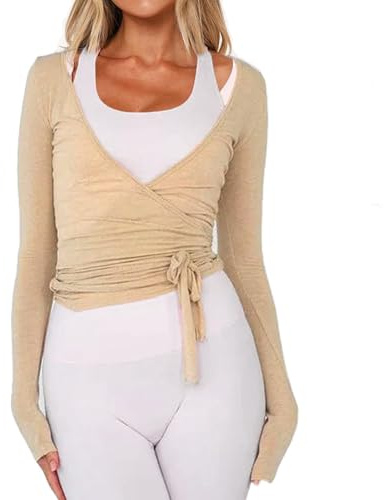 Haut cache-cœur à nouer pour femme Y2k à manches longues - Chemise de ballet d'entraînement de yoga Coquette Blouses, kaki, Small