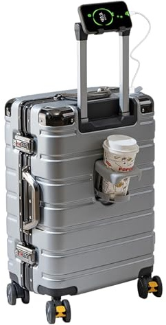 EclatVivid Luggage with USB & Type-C Charger Aluminum Frame Carry On Suitcase, 20 Inch Carry On Luggage, PC Hard Shell Suitcase with USB Charger, Cup Holder(Silver, 20 inch)