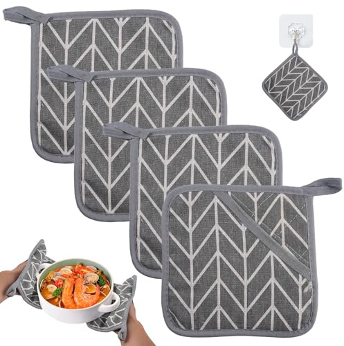 4 Pezzi Presine da Cucina, 17x17 cm Guanti da Forno in Cotone Quadrato, Presine con Passante per Appendere, Resistenti al Calore, Antiscivolo, Presine Cucina Grigio per Cucinare, Grigliare e Cuocere