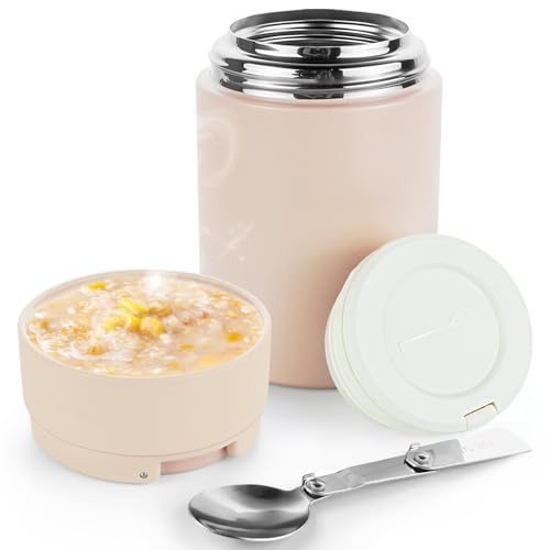 ICEBLUEOR Light Pink Food Flask for Hot Food,316 Insulated Food Flask Containers,Potable Leak Proof Soup Flask For Hot Food Kids,500ml/17.6oz Hot Lunch Box with Handle（Phone Stand）&Spoon