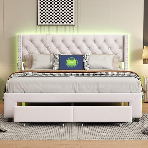 HYTKKBD Letto matrimoniale imbottito 160 x 200 cm, Struttura Letto Imbottito con 2 cassetti, Testiera con LED e funzione di ricarica USB,Rete a doghe, bottoni, rivetti decorativi