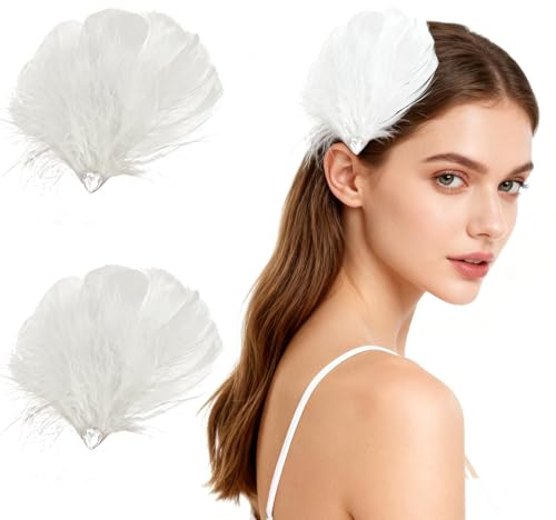 MWOOT 2 Pinzas para el Cabello Pluma Blanca, Adorno Cabeza Pluma Cisne, Accesorios para el Cabello Ballet para Mujeres, Horquillas con strass para Boda, Compromiso, Halloween, Carnaval, Fiesta Cosplay