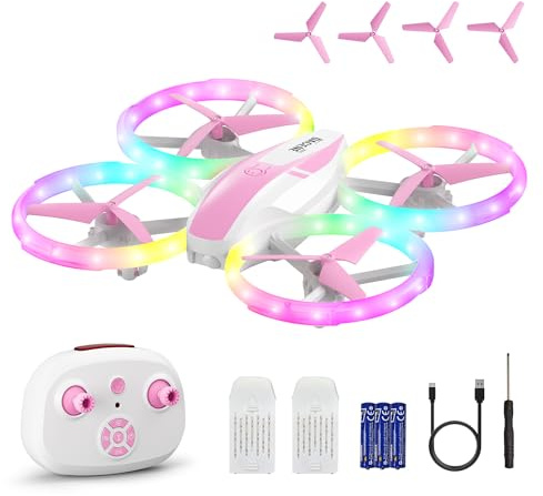 Drone infantil, mini avión teledirigido con luces LED, 360°Rotación, despegue con un clic y 2 baterías, ideal para juegos interiores y exteriores, juguete de regalo para niños y niñas (rosa)