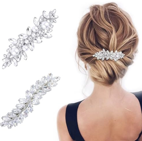 2 Pièces Accessoire Cheveux Mariage - Pince Cheveux Argent avec Perle et Strass, Bijoux Cheveux pour Femme et Mariée, Barrette Cheveux Élégante