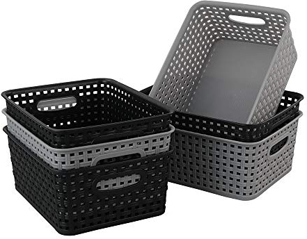 Mayish Plastic Weave Basket with Handle, Black and Grey, 6 Packs