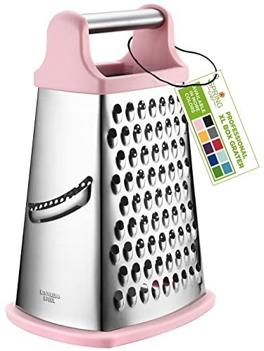 Spring Chef Professional Stainless Steel XL Parmesan Cheese Grater with Handle - 4 Sided Box Grater for Kitchen - Dishwasher Safe Carrot Shredder for Potato, Vegetables, Ginger - Pink Lemonade