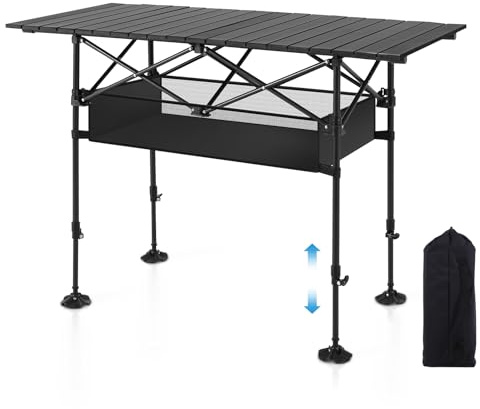LET'S CAMP Folding Camping Table, Portable Aluminum Roll-up Picnic Backpacking Table with Adjustable Height, Large Storage and Carrying Bag for Picnic, Camping, BBQ, Party, Backyard, Beach