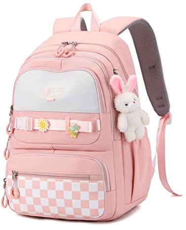 Amythe Girls Backpack, Kids School Bag with Cute Pendant, Elementary Middle Large BookBag for Teen Girls Grade 3-7, Casual Daypack for School or Travel, Pink