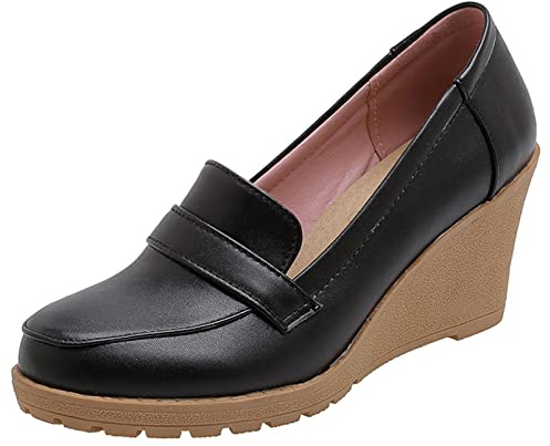 Femme Mocassins À Talon Compensé Bout Rond Escarpins Classiques A Enfiler Chaussures Habillées À Talons Hauts avec Plateforme, 567Eqk Noir Taille 37 EU