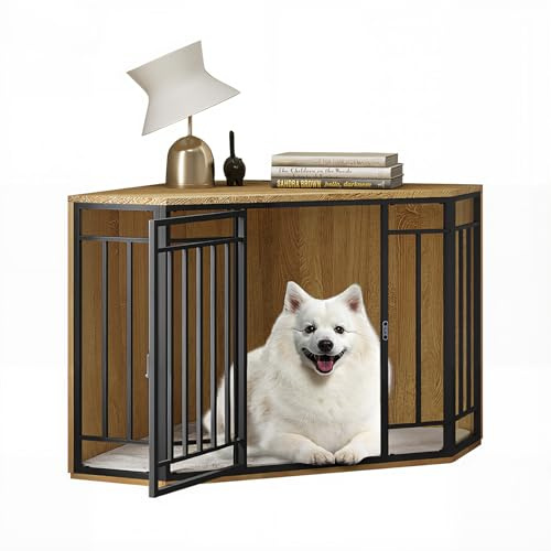 EUGAD Cage d'angle pour Chien, Meuble Cage pour Chiens Intérieur XXL, Cages en Bois Chien Interieur, Cages d’Angle avec Porte Verrouillable, Coussin, Treillis Métallique 111x60x67cm