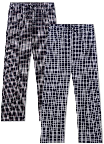 Winovia Herren Schlafanzughose Lang Baumwolle Karierte Pyjamahose Lounge Hose Pyjamaunterteil Freizeithose mit Seitentaschen für Männer, Gerade Geschnitten Blau/Weiß+Blau/Rot L