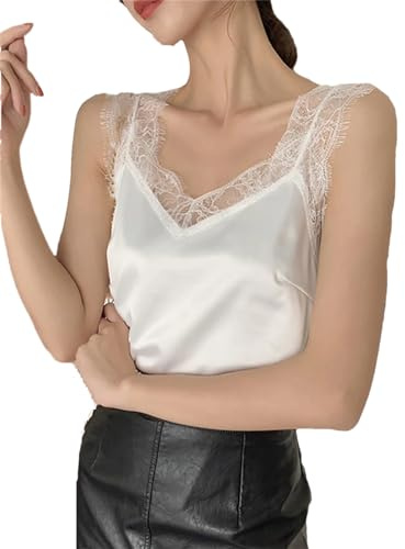 Hamthuit Top Estivo da Donna in Raso con Scollo a V, Basic, Senza Maniche, in Pizzo, Canotta in Seta Bianca per Donna, bianco, L