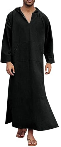 WAZHAKU Robe musulmane Djellaba pour homme avec capuche - Manches longues - Lin - Dubaï - Robe à capuche - Robe à manches courtes - Robe musulmane - Robe longue ethnique - Robe Ramadan - Robe