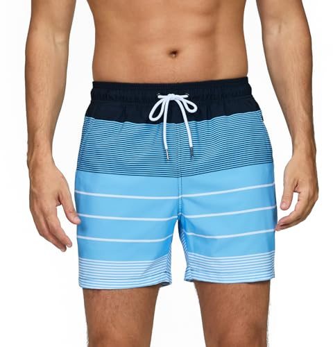 Vorvowry Maillot de Bain Homme Séchage Rapide Short Imprimé D'été Short de Bain Plage avec Poche Zippée et Respirant Doublure en Maillots Rayures Bleues et Blanches XL