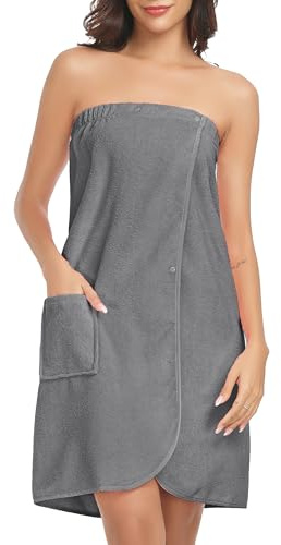 Lovasy Robe Serviette de Bain Femme Peignoir Enveloppant Grande Serviette de Spa avec Boutons Réglables Paréo de Bain Douce Léger Kilt de Sauna avec Poche,A-Gris foncé,XL/XXL