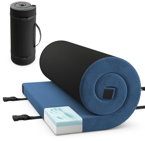 GOPLUS Matelas de Camping Portable en Mousse à Mémoire de Forme, Matelas de Couchage Pliable Enroulable avec Sac de Voyage, pour Camping, Voiture, Camion (Bleu,97 x 188 CM)
