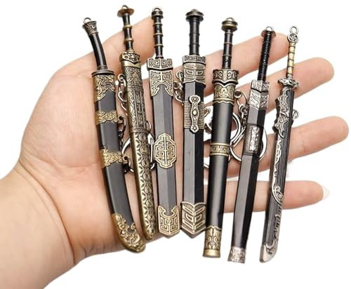 7pcs mini espada, 4.7 espada antigua llavero llavero chino aleación de zinc cadena de llave antigua scabbard patrón de decoración llavero sin cortar espada corta medieval para hombres mujeres