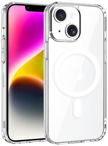 Exsight Magnétique Coque pour iPhone 14 6,1 Pouces, Compatible avec MagSafe, Protection Antichoc TPU Bumper Case, Anti-jaunissement, Dos Anti Rayures, Protection de l'objectif Améliorée, Transparente