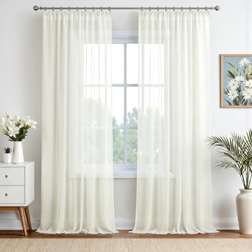 EMEMA - Set di 2 tende con fascia increspata, tenda trasparente in voile unica trasparenta per soggiorno e camera da letto, ariosa, decorativa, 280 x 140 cm (altezza x larghezza), colore avorio