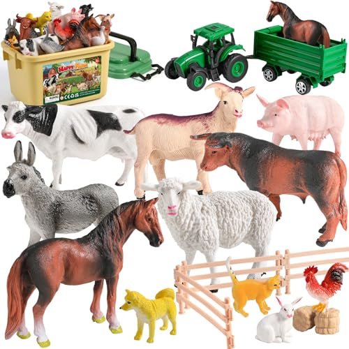 KNASON Juguetes Animales de Granja para Niños,Juego de Granja Juguete de 23 Piezas con Realistas Figuras Animales,Tractor Juguete y Valla,Educativo Juego para Niños de 3 4 5 Años
