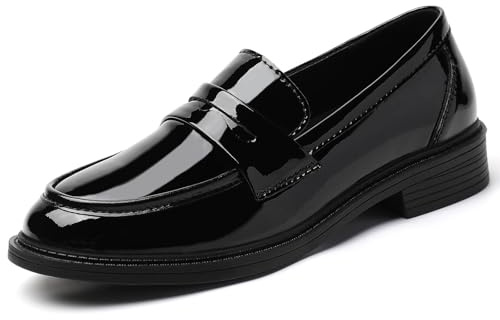 QJN Loafers for Women Black Penny Patent Leather Business Casual Shoes Women's Loafers & Slip-Ons Ladies Flats Round Toe Low Heel Office Work Walking Comfortable Dressy Professional Shoes Size 7