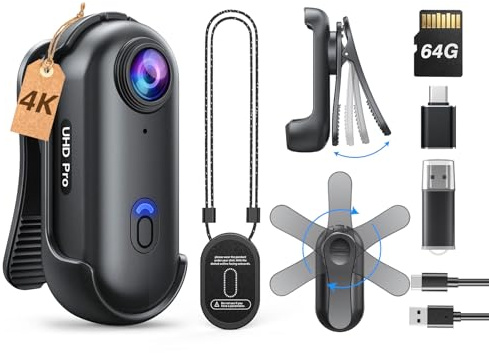 BOBLOV W4 4K Bodycam Körperkamera Mini, Body Cam mit 360° drehbarem Clip und Magnetclip, 90 Minuten für Aufnahmen, für Vorträge, Reisen, Spaziergänge mit Haustieren (4K 64GB)