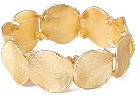 Vintage Hammered Coin Stretch Bracelet for Women, 6.9 Inch Gold Tone Textured Bangle, Dainty Retro Stackable Bracelets, Unique Nature-Inspired Daily Wear Jewelry Gift for Her