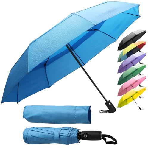 ZENO Paraguas Plegable Compacto – Mini Paraguas Automático Mujer & Hombre, Antiviento Resistente con 9 Varillas de Fibra de Vidrio, Tejido Teflón Impermeable
