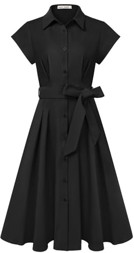 Women's Summer Short Sleeve Shirt Dress A-Line Midi Dresses Black