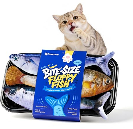 Potaroma Lot 3 Poissons Chat Interactifs Recharge USB Herbe à Chat | 3 Poissons Réalistes, Mouvement Flappy, Activation Tactile, Recharge USB, Herbe à Chat pour Chats d’Intérieur