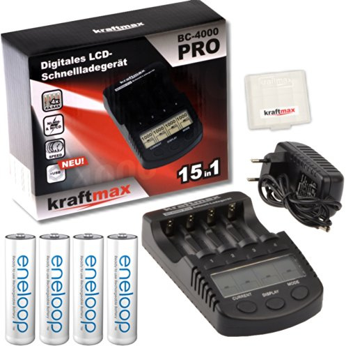 kraftmax Kombipack BC-4000 Pro Ladegerät und 4X Eneloop AA/Mignon Akkus - Neueste Generation - Hochleistungs Akku Batterien Akkubox V5