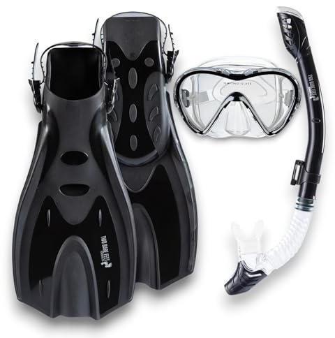 Two Bare Feet Adults 3-Piece Silicone Snorkelling Set – Mask, Snorkel & Fins, Anti-Fog & Anti-Leak Diving Set (Style 3)