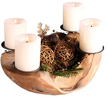 Ambientehome 32450 Schale Dino, Ø ca. 20 - 25 cm mit 4 Kerzenpicks, aus Teakholz, echte Handarbeit